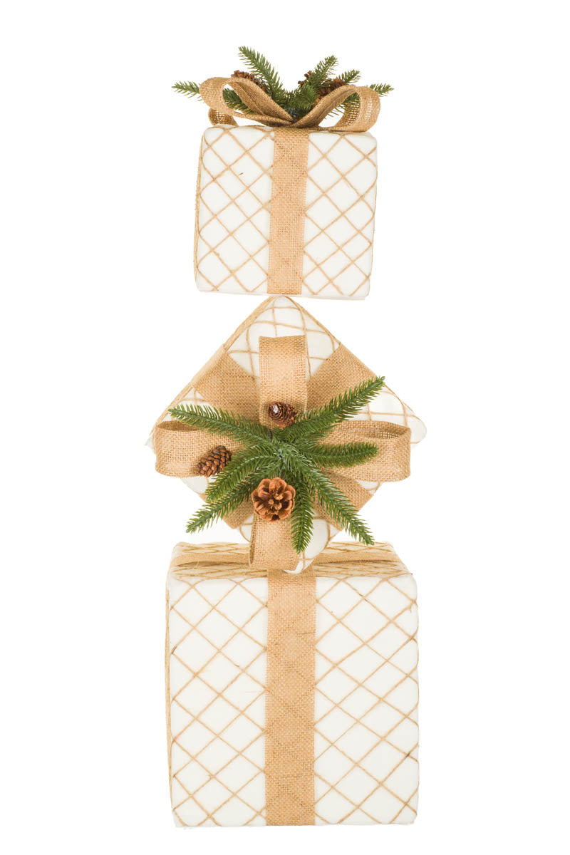 27" Off-White Cloth Stack of Presents with Braided Wrapping