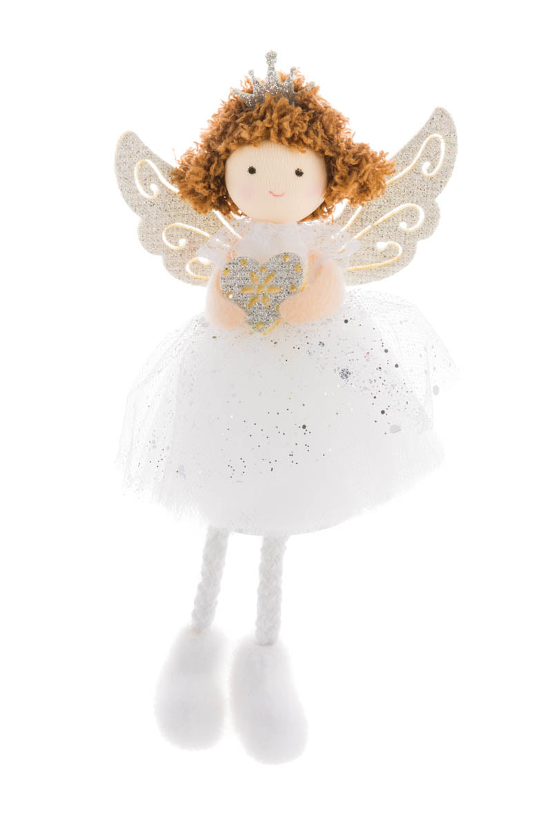 7" Sitting Sparkly White Fabric Fairy Princess Girl Doll with Silver Heart