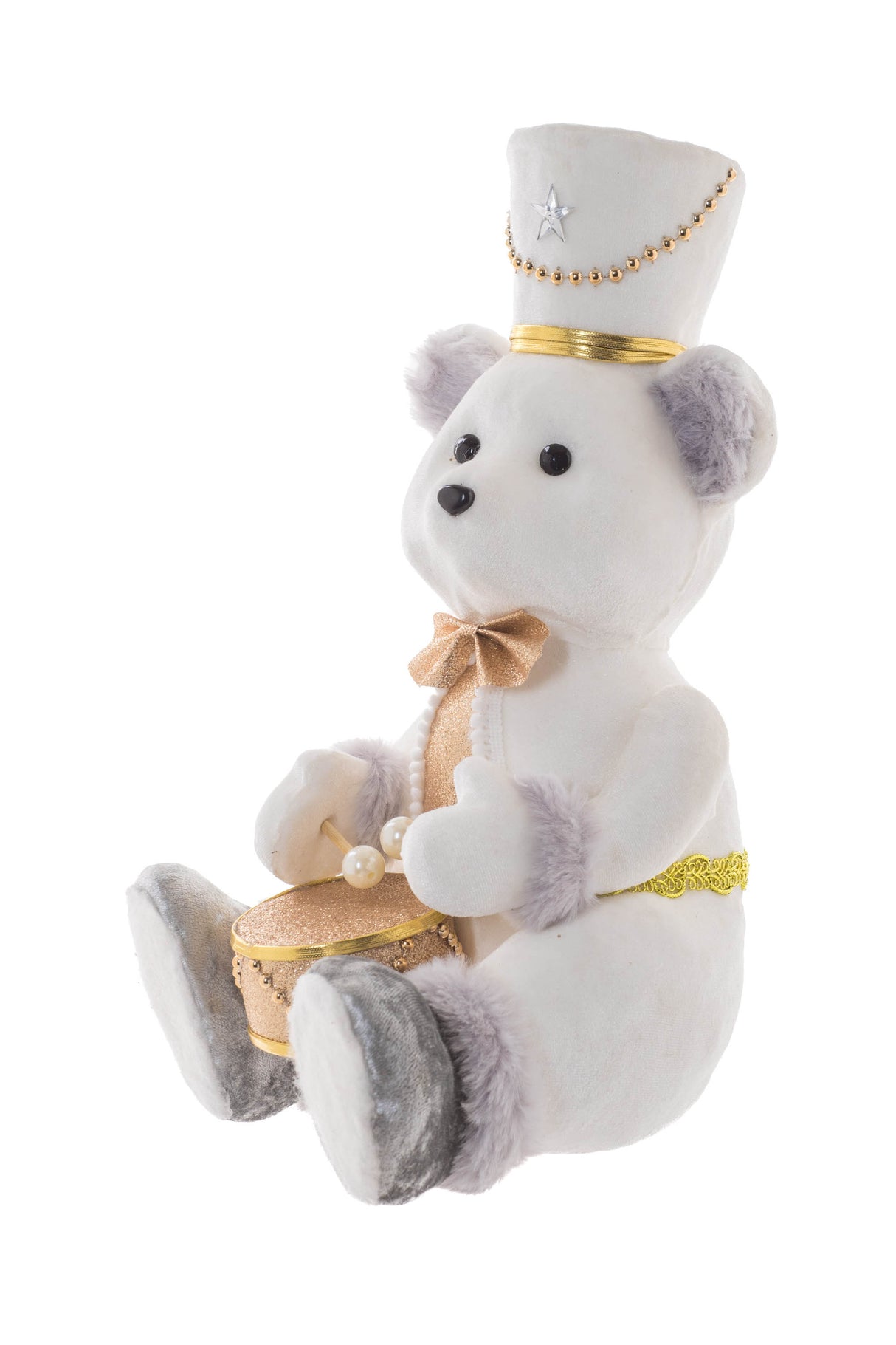 12.75" Sitting White and Gold Furry Bear Figurine with Bowtie