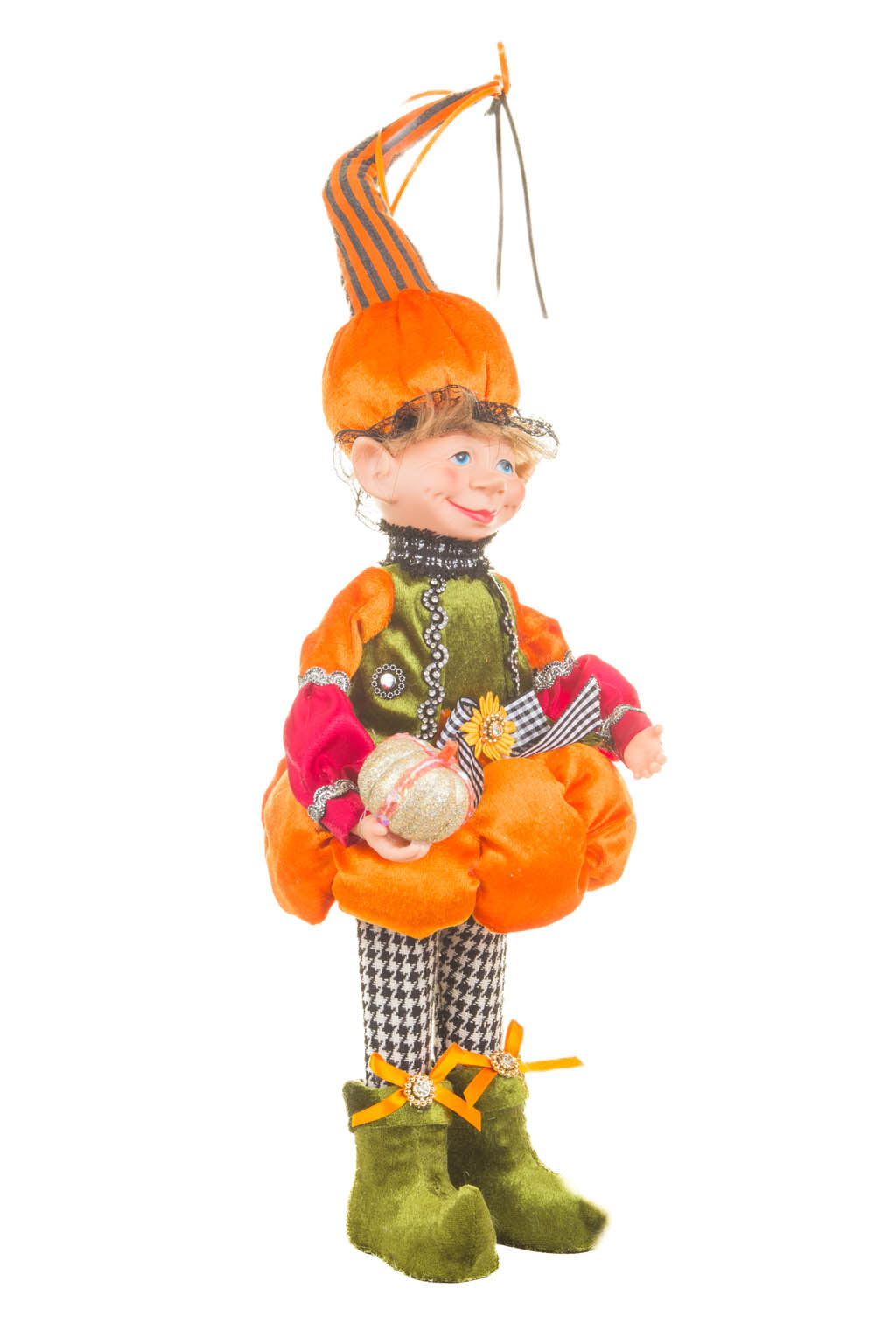 17" Orange and Green Cloth Elf Boy Doll with Pumpkin Hat