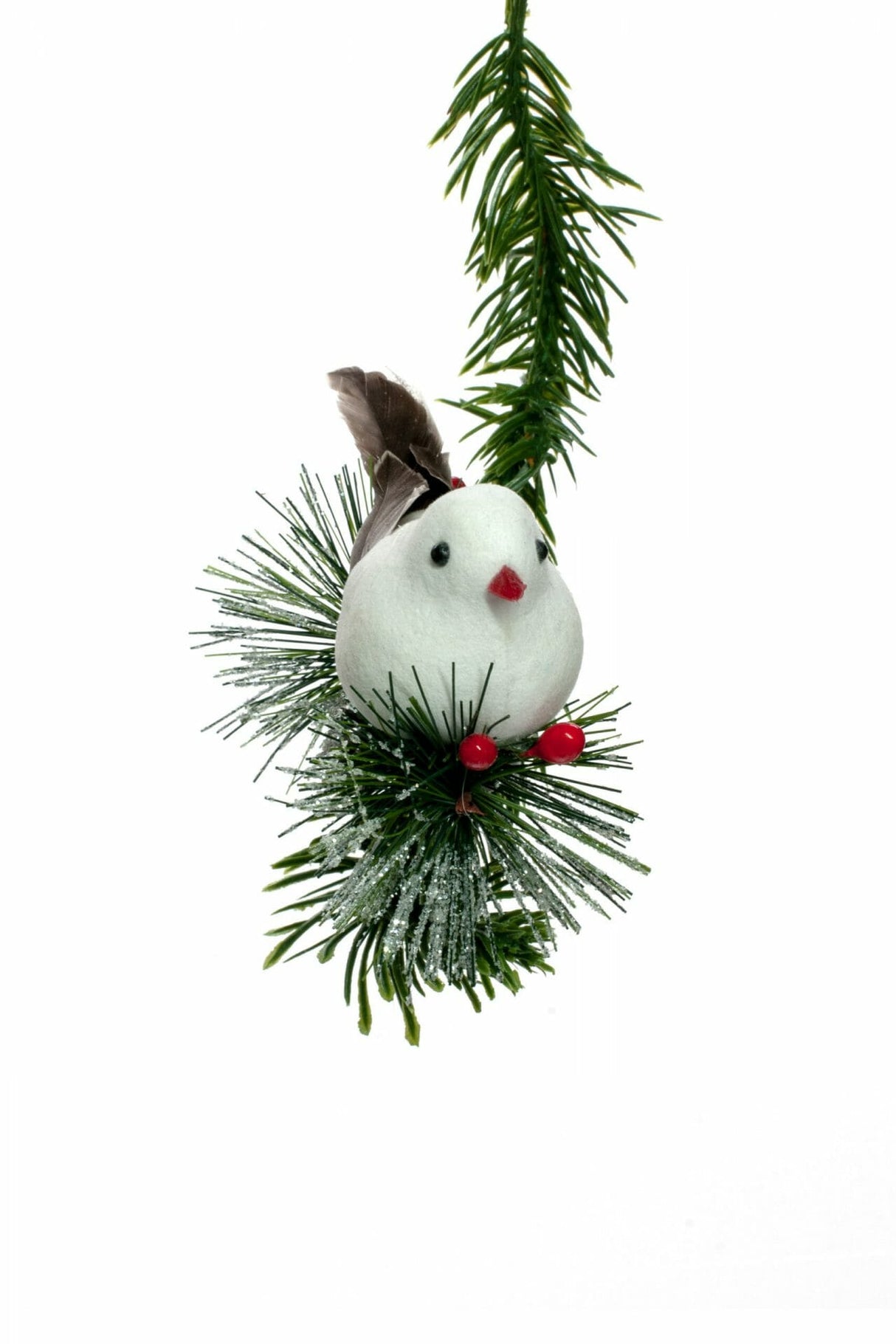 4.5" Hanging White and Brown Feathered Bird On Branch Ornament
