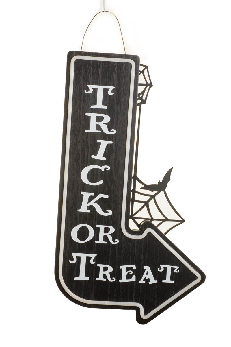 18.25" Hanging Black and White Wooden Trick Or Treat Arrow Illuminated Wall Sign with Metal Web