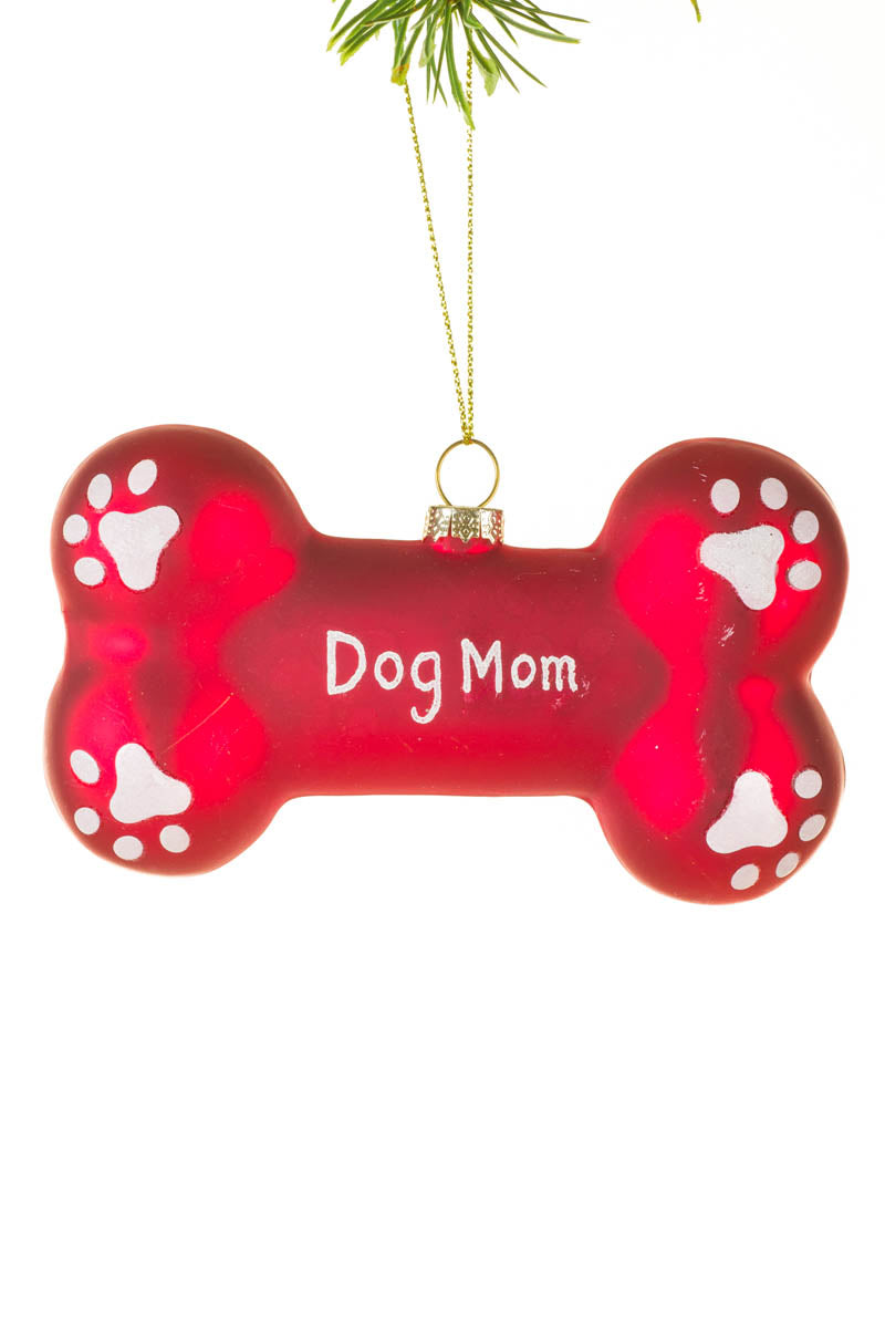 4.75" Hanging Matte Red Glass "Dog Mom" Bone Ornament
