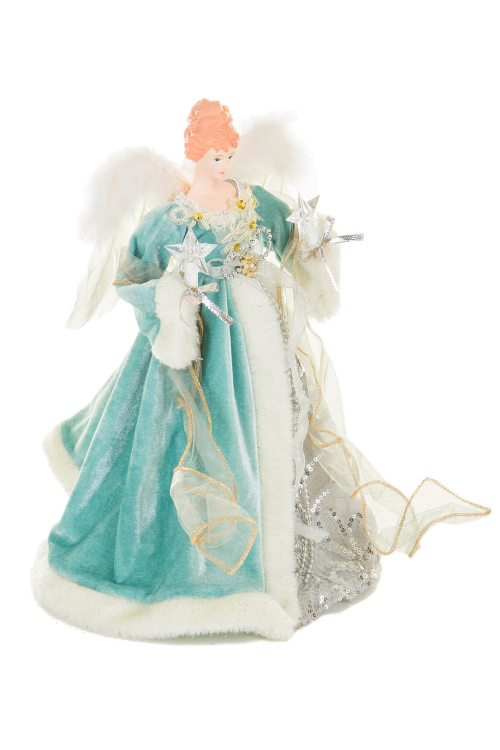 15" Turquoise and White Cotton Sleek Warm White LED Angel Tree Topper with Glowing Stars