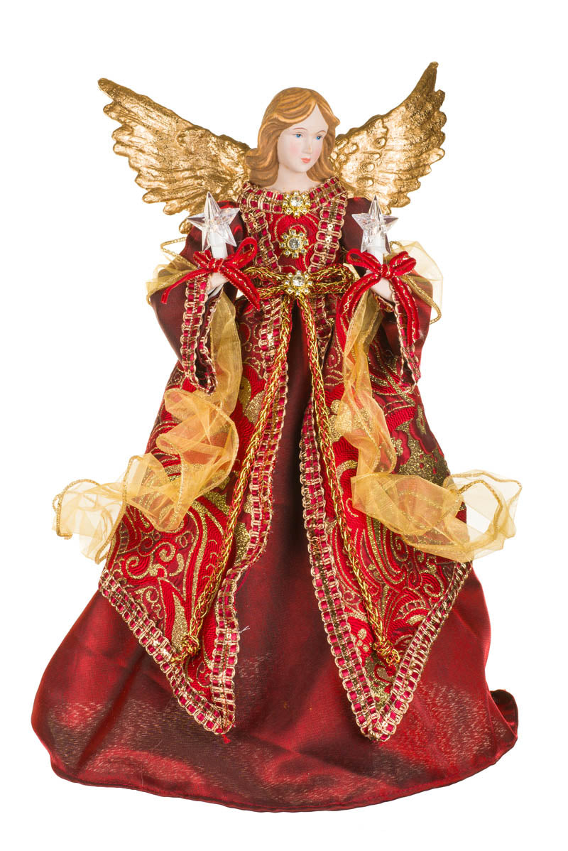 17" Red and Gold Fabric 10-LIGHT Angel Tree Topper Holding Stars