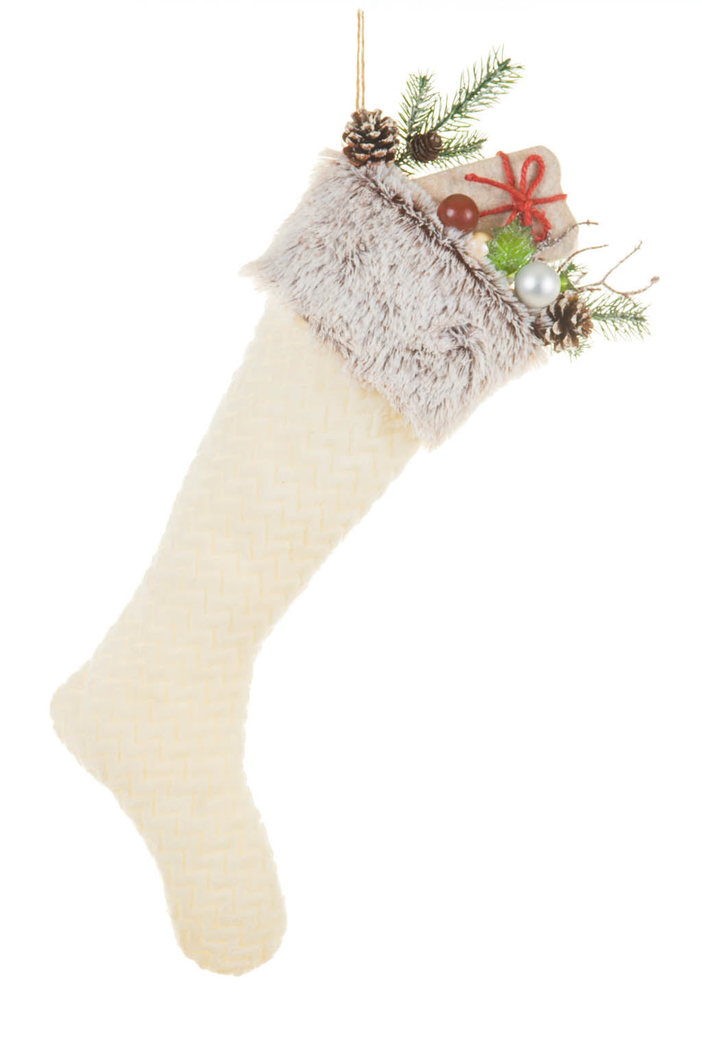 25" Hanging White and Gray Cloth Stuffed Stocking with Present