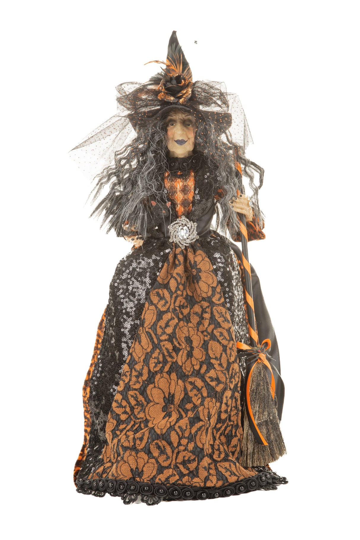 18" Sequin Black and Orange Silk Decadent Witch with Cradled Cat