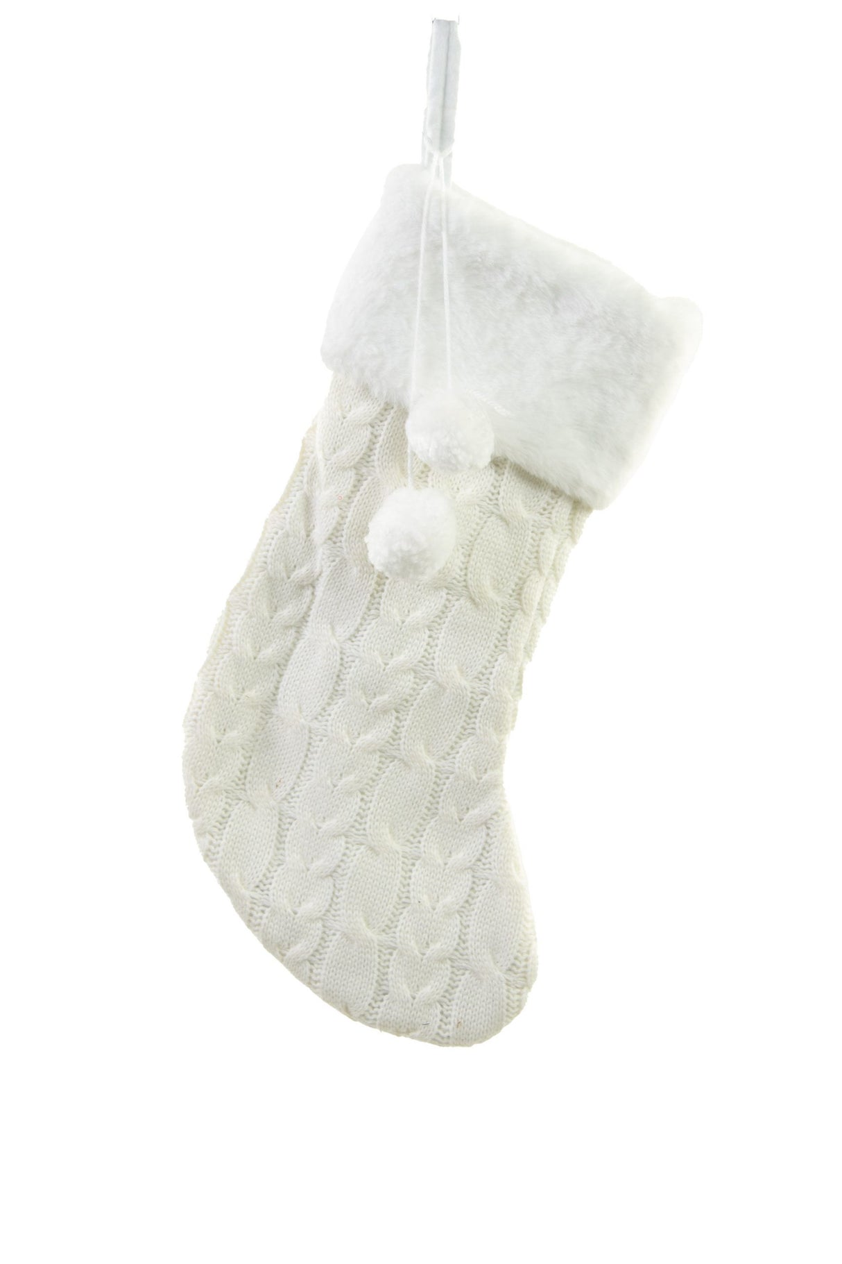 16" Hanging White Fleece Fisherman Knit Stocking with White Pom Poms