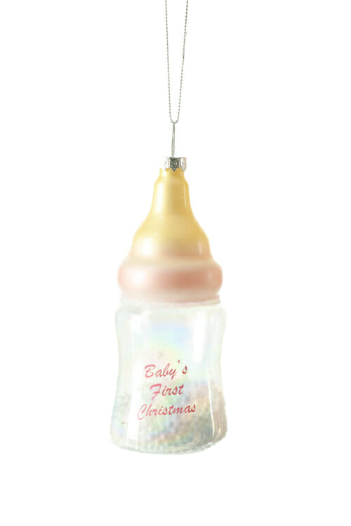 4.75" Hanging Pink Glass Baby Bottle Ornament with "Baby's First Christmas "