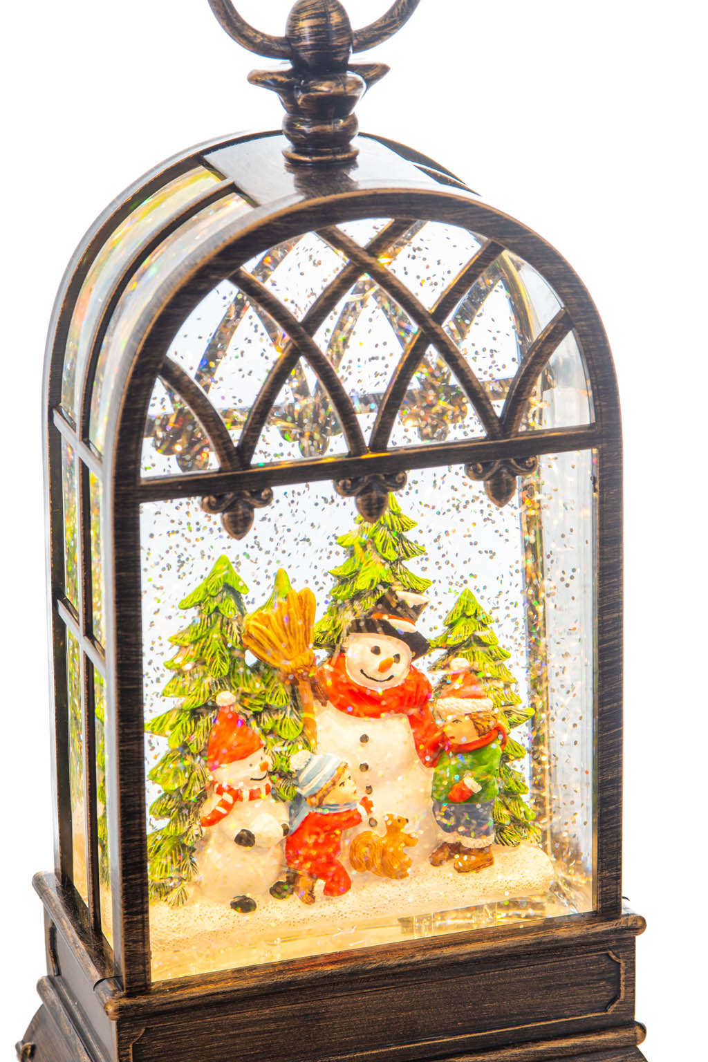 11" Brass Plastic Birdcage Warm White LED Snow Globe with Snowman and Swirling Glitter