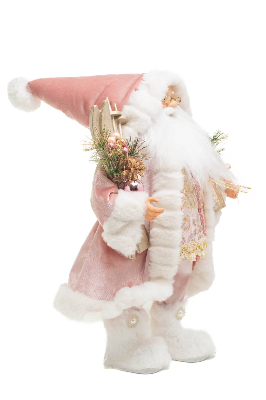 19" Pink and White Velour Santa Figurine with Gifts
