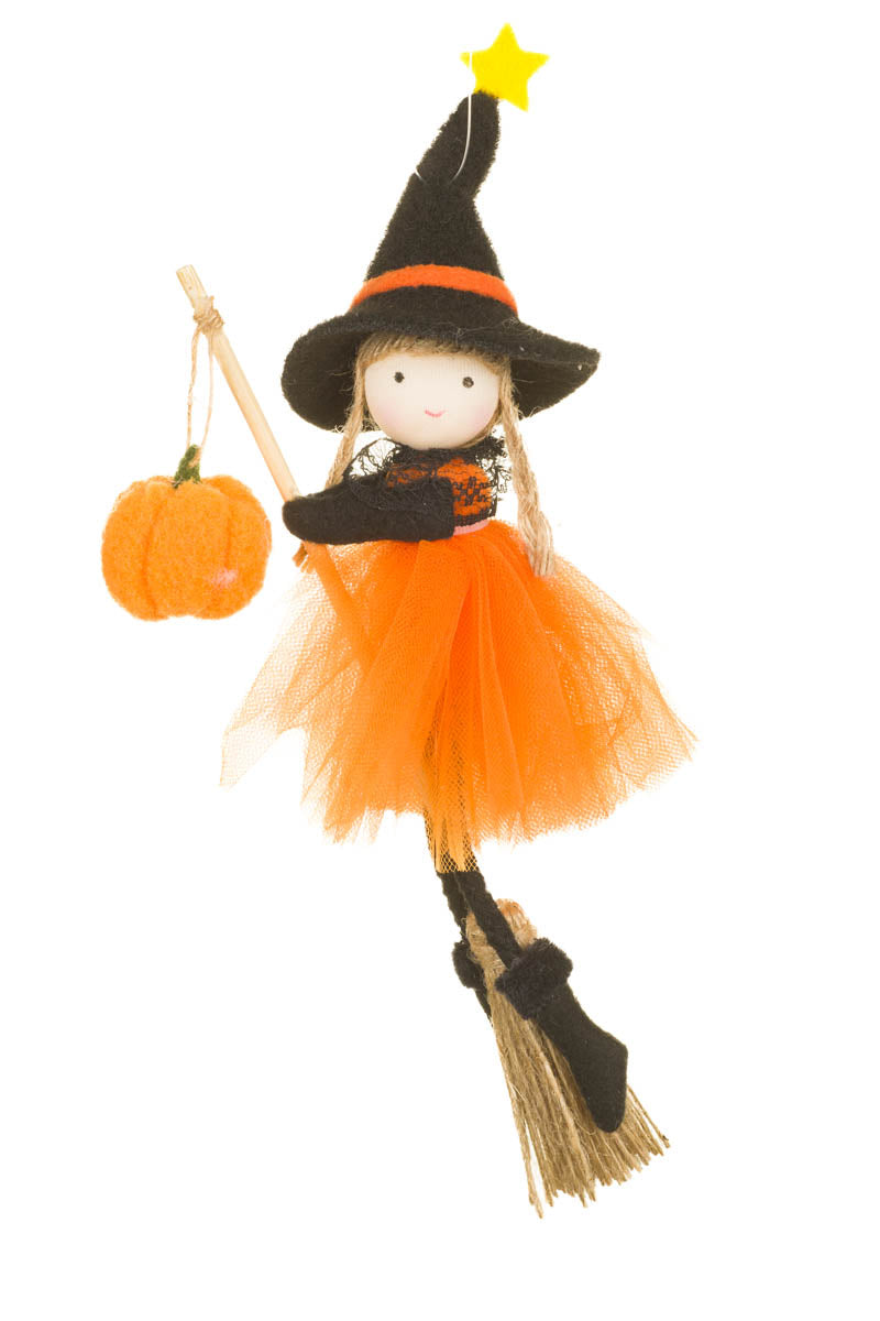 8.25" Hanging Orange Fabric Flying Witch Girl Doll with Pumpkin