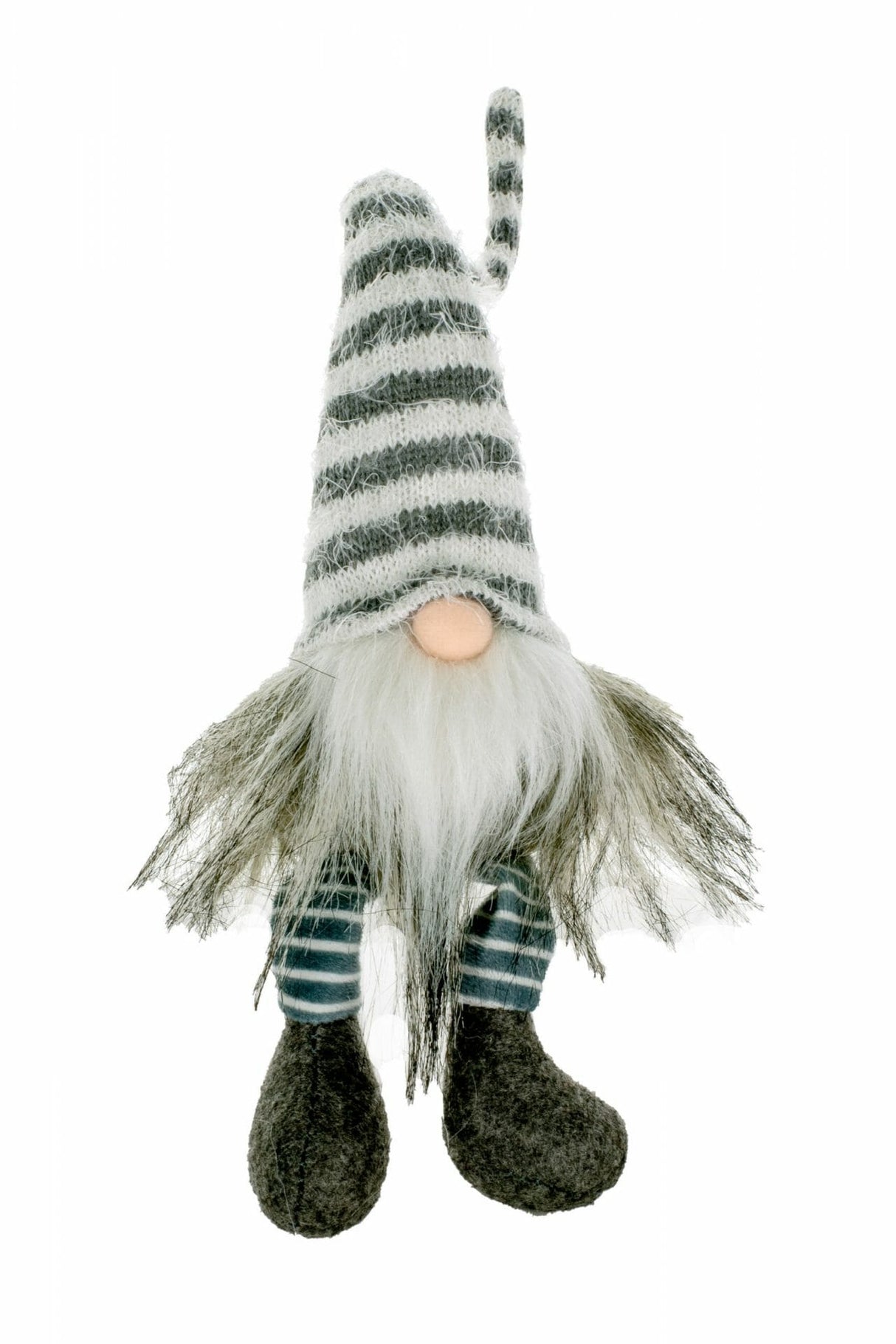 10" Sitting Gray and White Cloth Gnome with Striped Hat