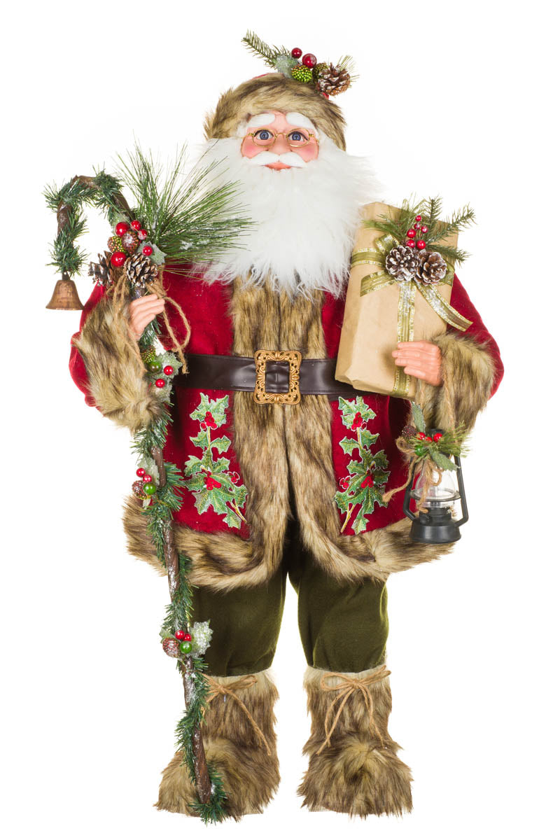 36" Red and Brown Fabric Old World Santa Claus Figurine with Walking Stick