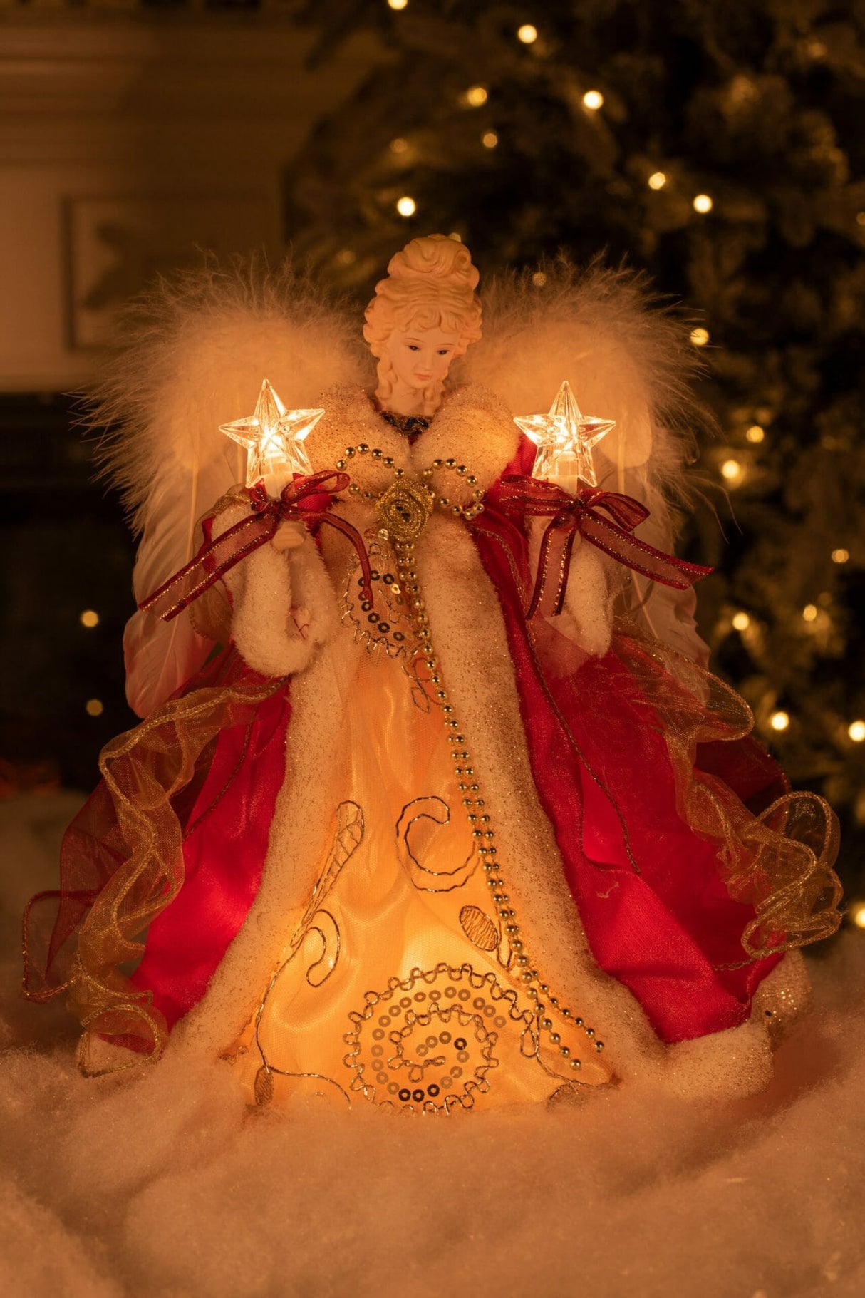12" Red and Gold Cloth Vintage 10-Light Angel Tree Topper with White Fluffy Wings