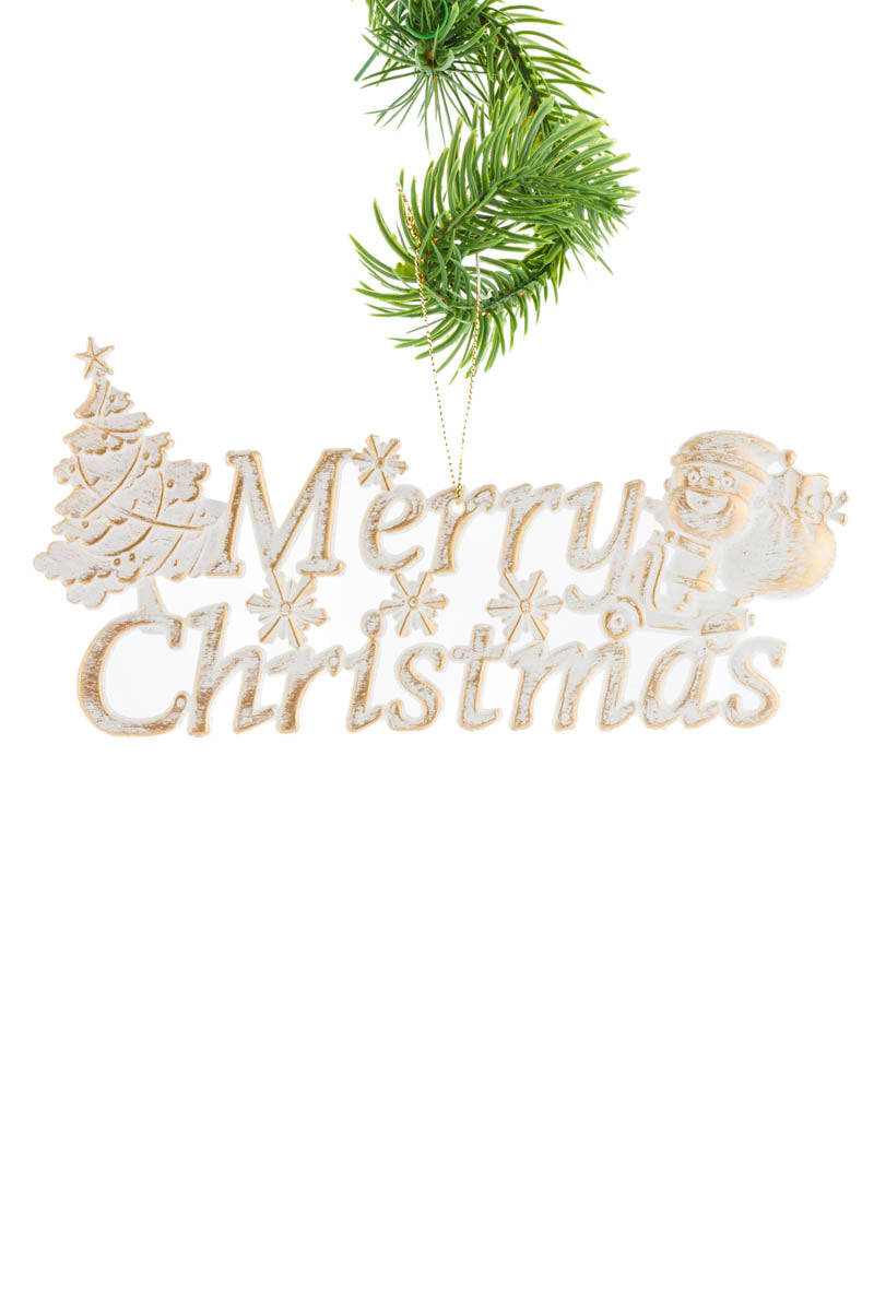 7.75" Hanging White and Gold Acrylic "Merry Christmas" Ornament with Mobile Santa