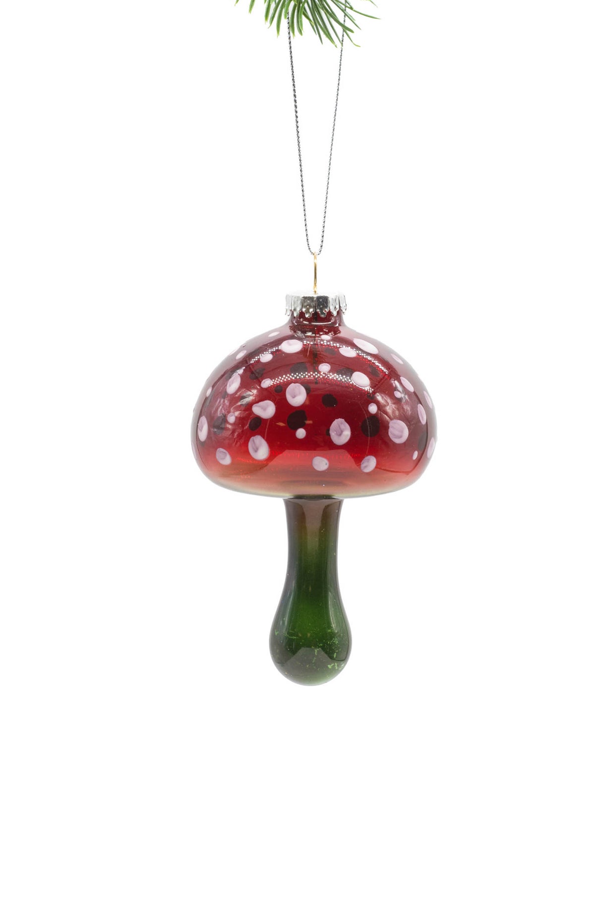 5" Hanging Splotched Red and Green Glass Spotted Mushroom Ornament