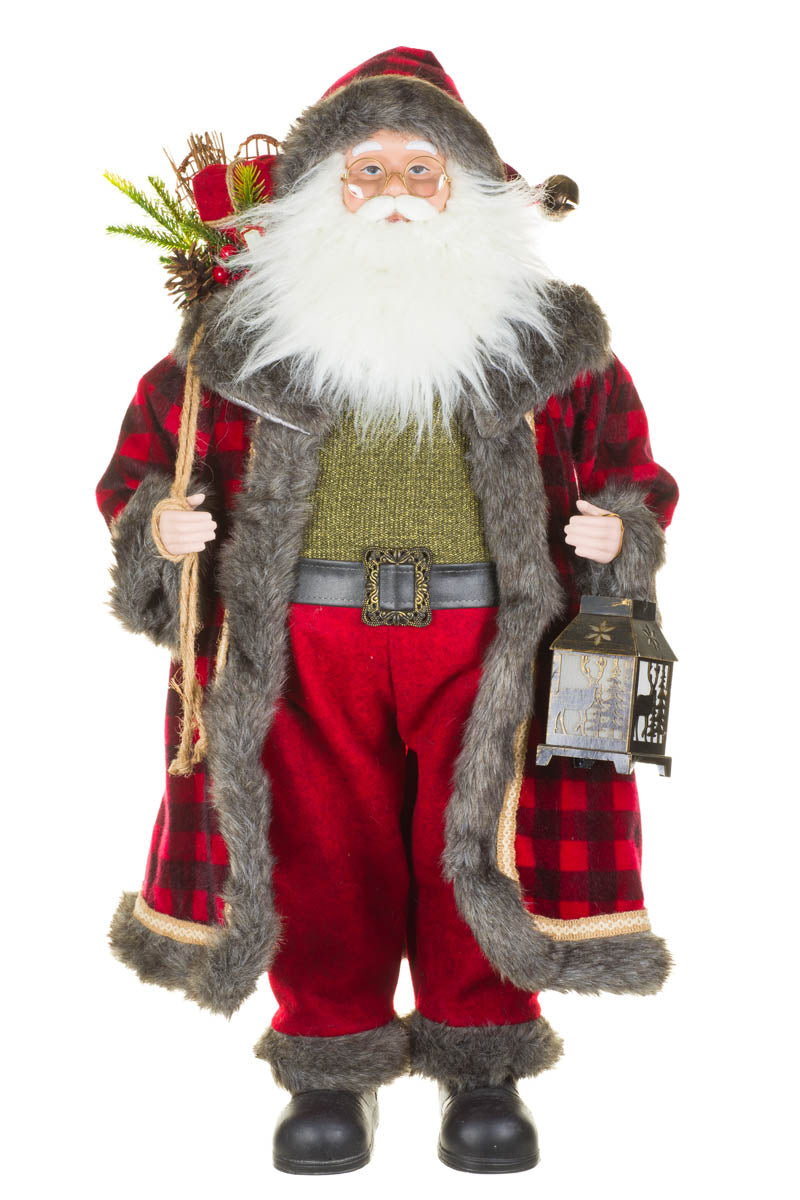 37" Buffalo Plaid Red and Gray Fabric Dramatic Santa Figure with Lantern