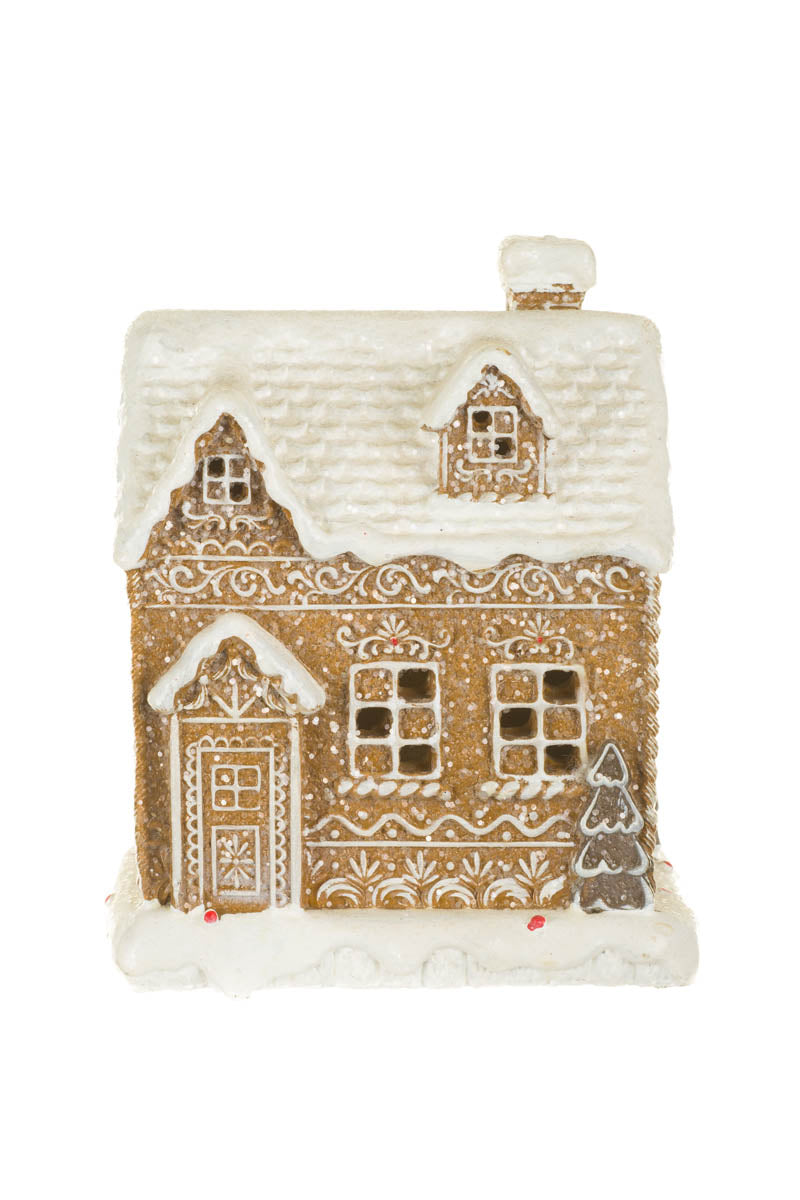 6"White and Grey Resin Gingerbread House Warm White LED Display with Snowy Chimney
