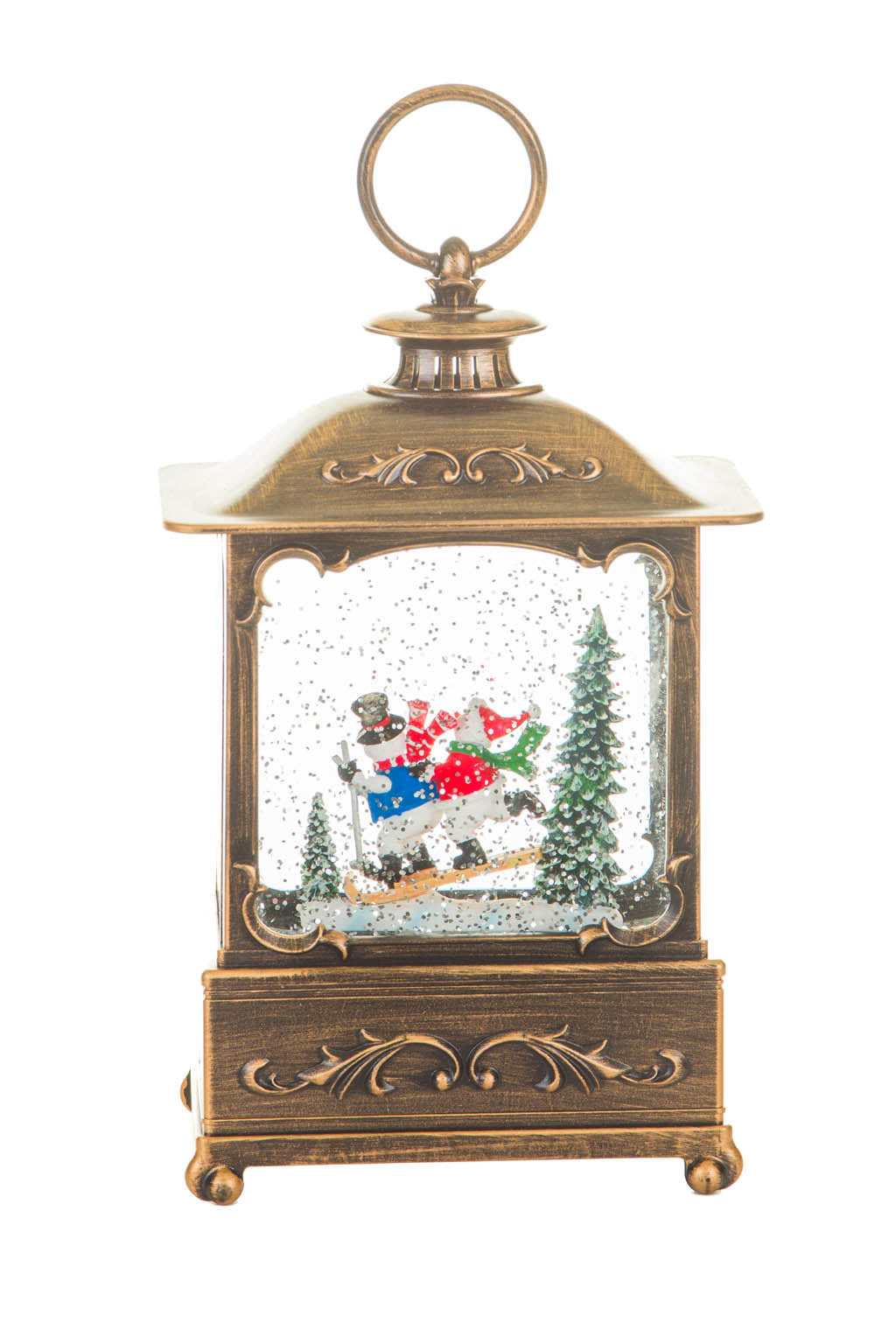 8.6" Bronze Plastic Lantern Warm White LED Snow Globe with Skiers