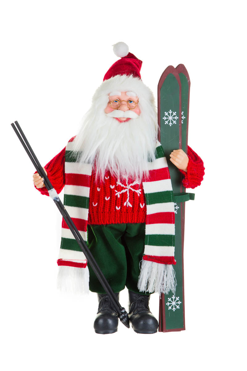 18" Red and Green Fabric Skiing Santa Figurine with Striped Scarf