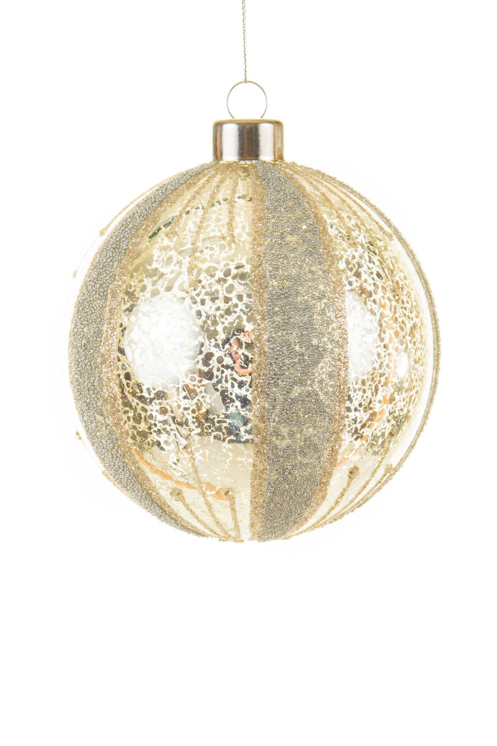4.25" Hangable Striped Champagne and Platinum Glass Ball Ornament