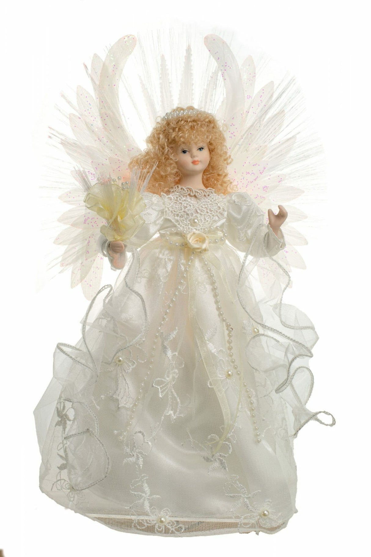14" Ivory Cloth Modern Fiber Optic Angel Tree Topper with Blonde Curly Hair