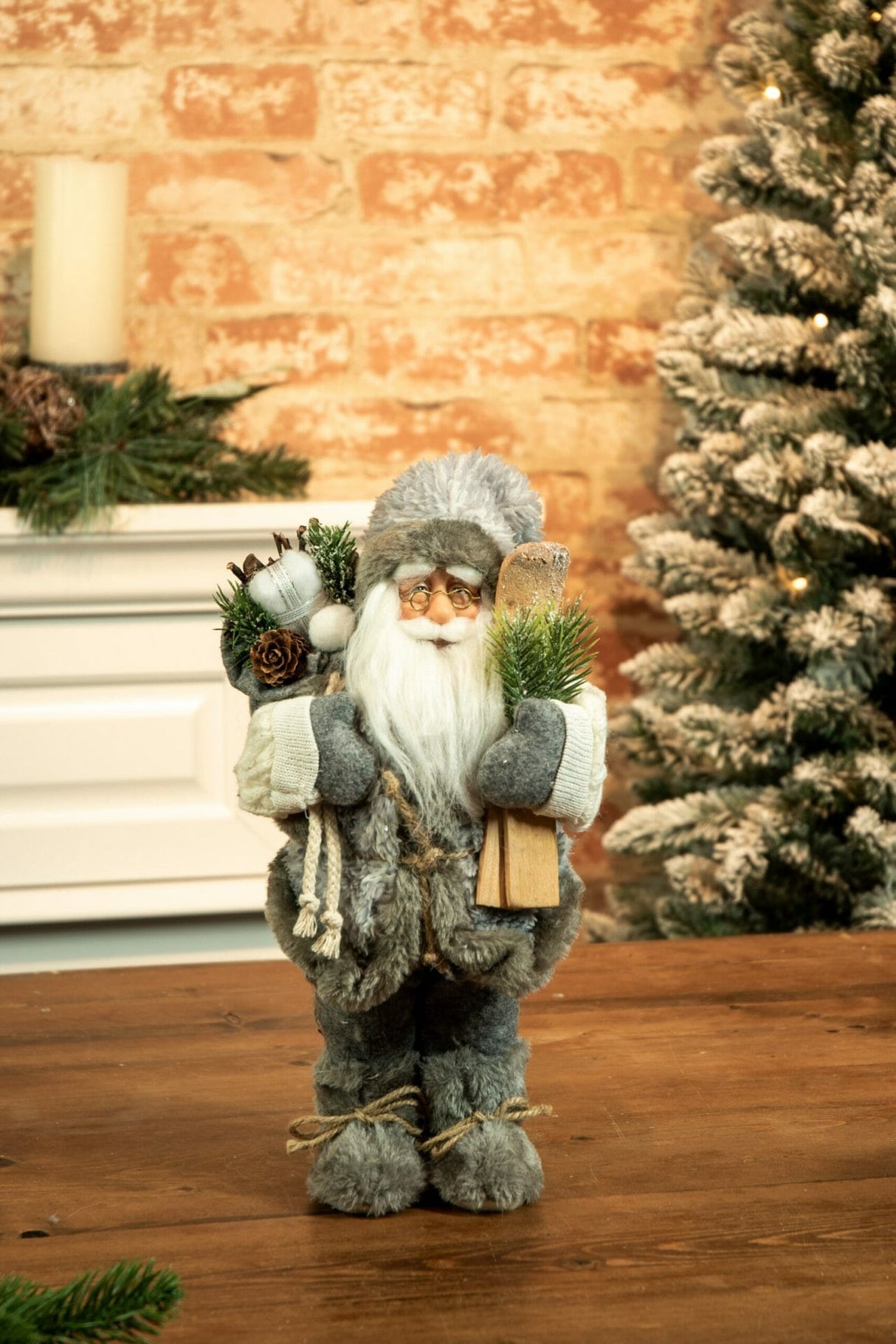 12" Gray Cloth Winter Santa Figurine with Skis