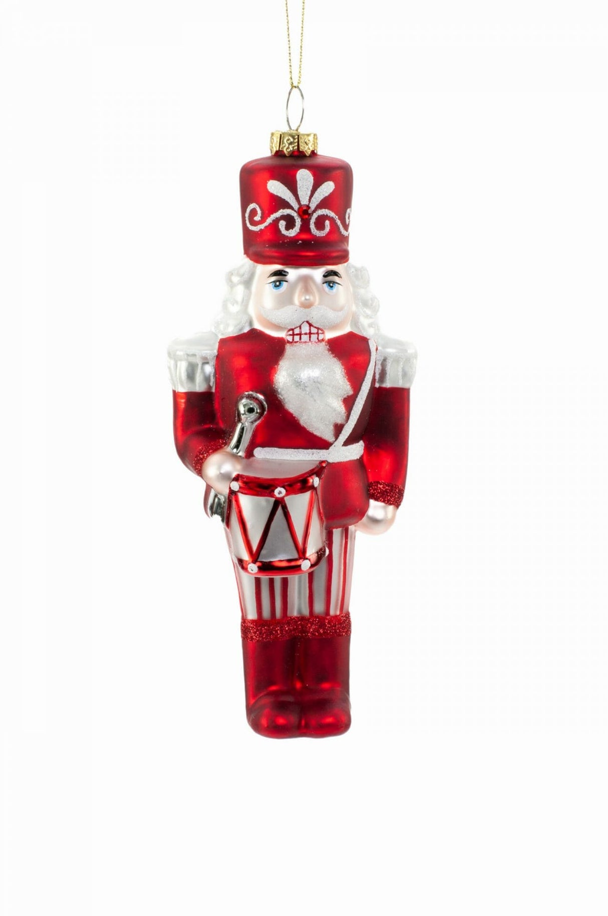 6.5" Hanging Red and White Glass Nutcracker Ornament with Drum