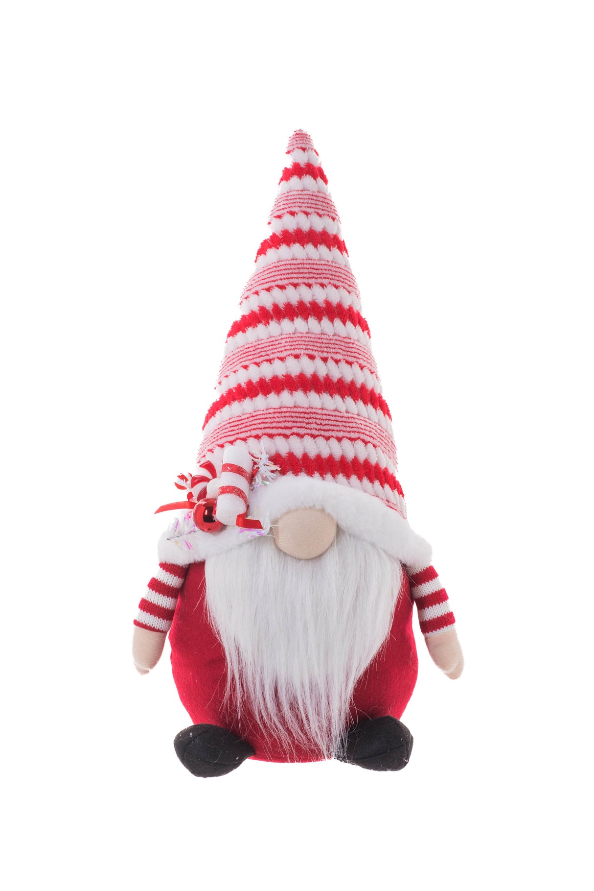 18.5" Striped Red and White Cloth Festive Gnome with Candy On Hat