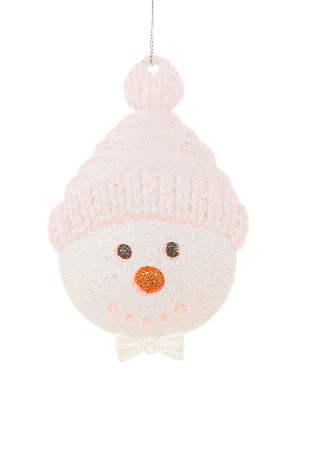 5"Hanging Baby Pink and White Acrylic Snowman Face Ornament with Bowtie