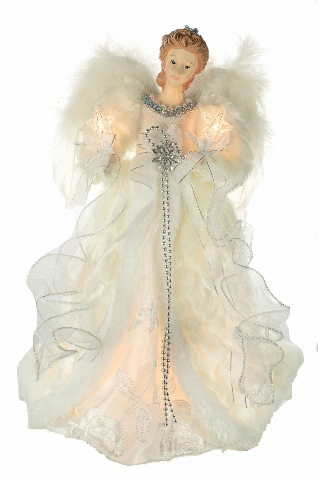 14" Ivory Cloth Modern 10-Light Angel Tree Topper with Fur Coat