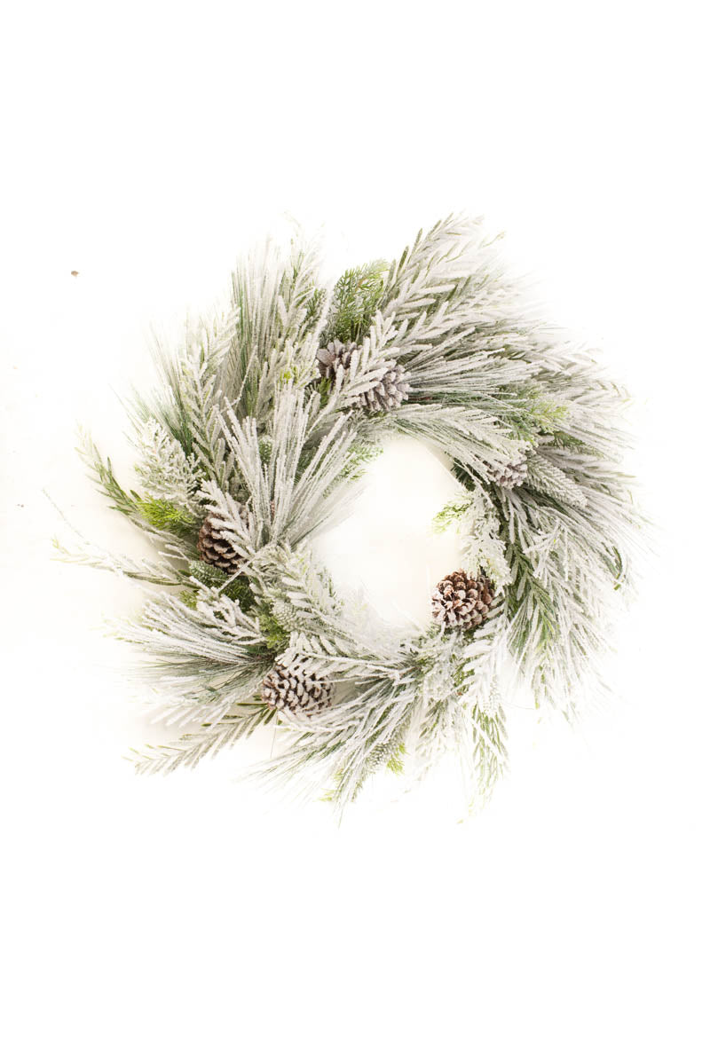 30" Hanging Flocked White and Green Plastic Mixed Foliage Wreath