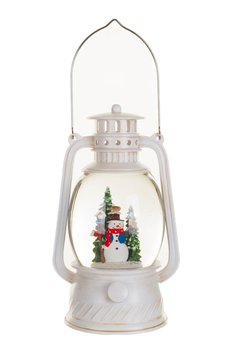 8" Musical White Plastic Lantern Warm White LED Snow Globe with Snowman's Forest