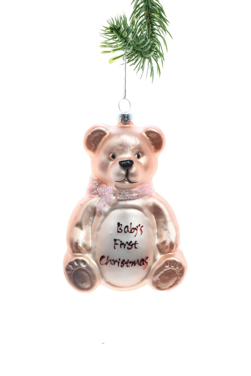 3" Hanging Pink Glass Baby Bear Ornament with Milk Bottle