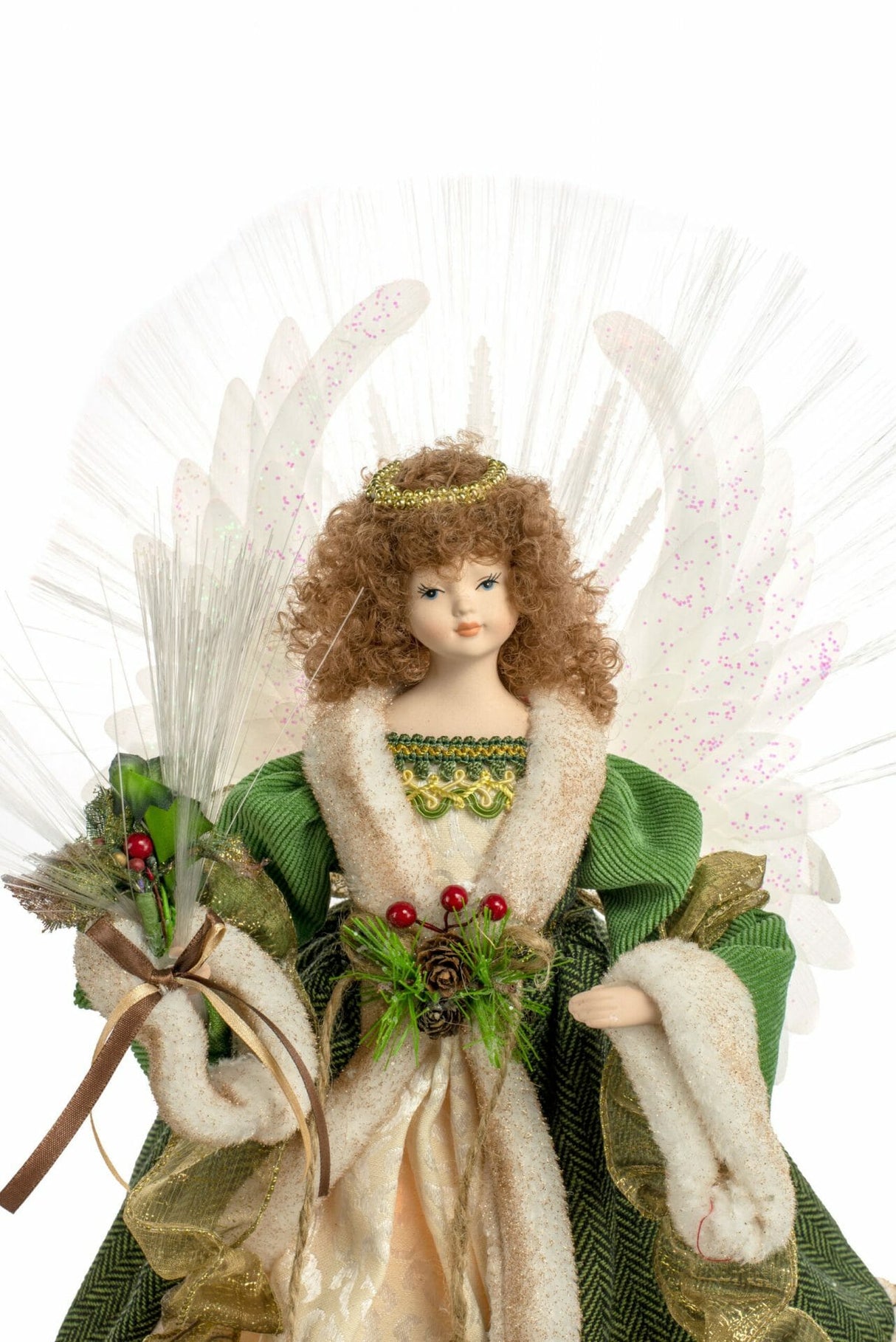 18" Green Cloth Charming Fiber Optic Angel Tree Topper with Brown Hair