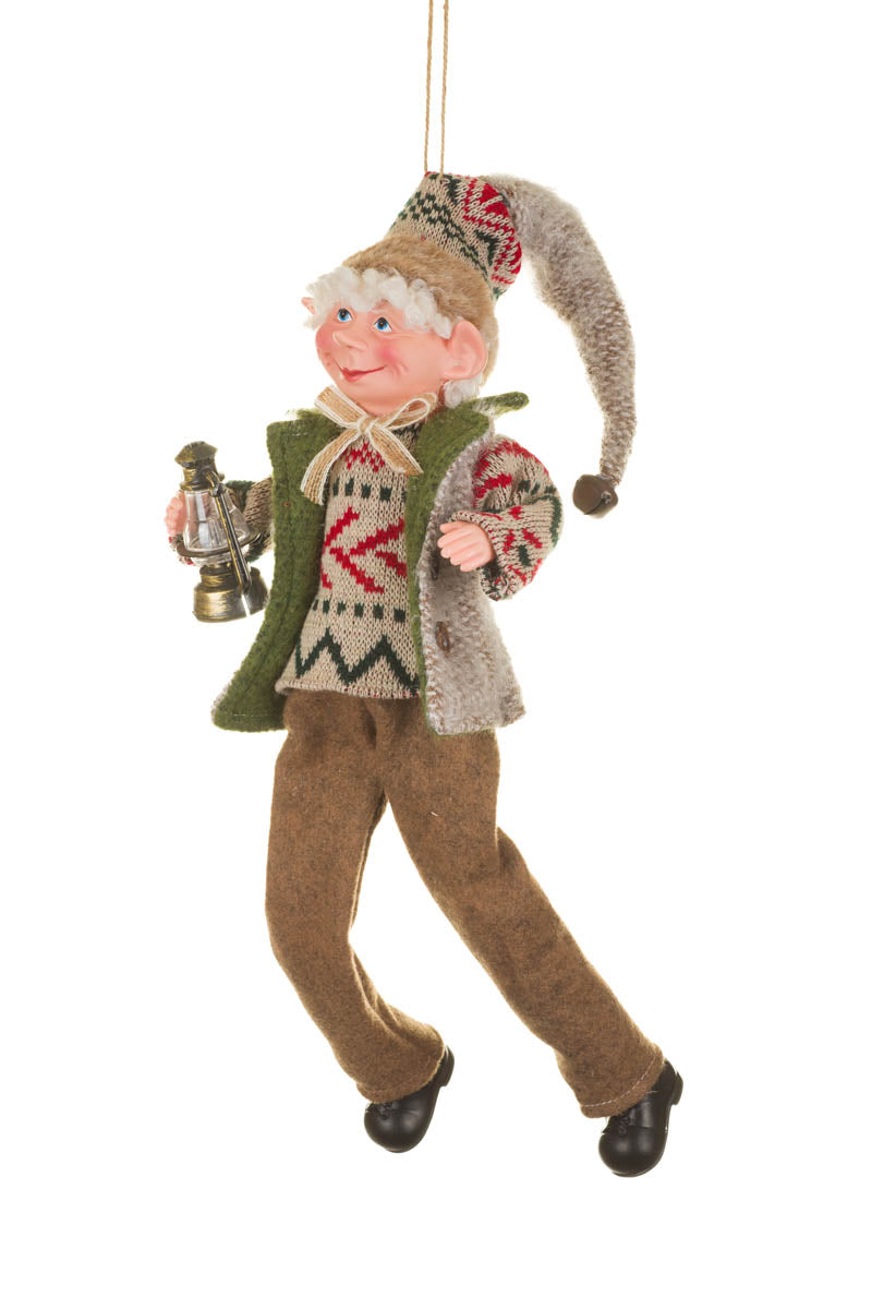 17" Hangable Brown and Green Fabric Winter Elf Figurine with Lantern