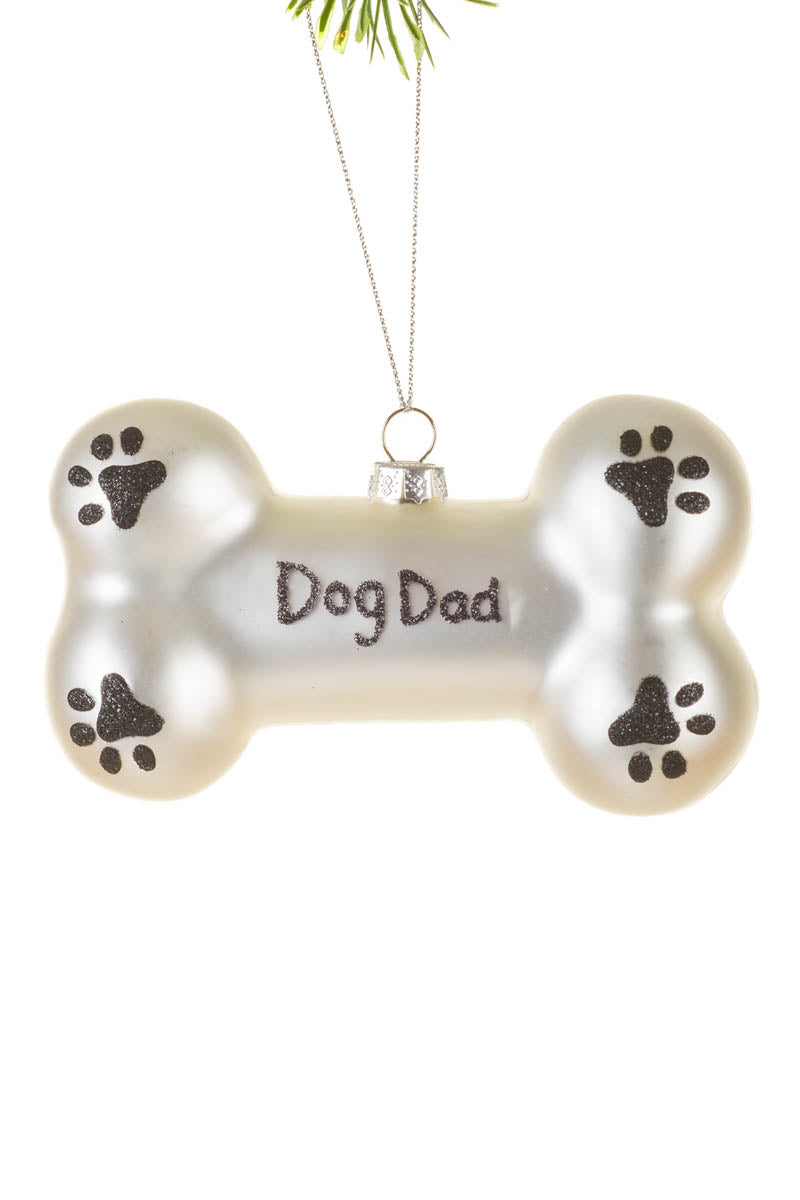 4.75" Hangable Matte White Glass "Dog Dad" Bone Ornament