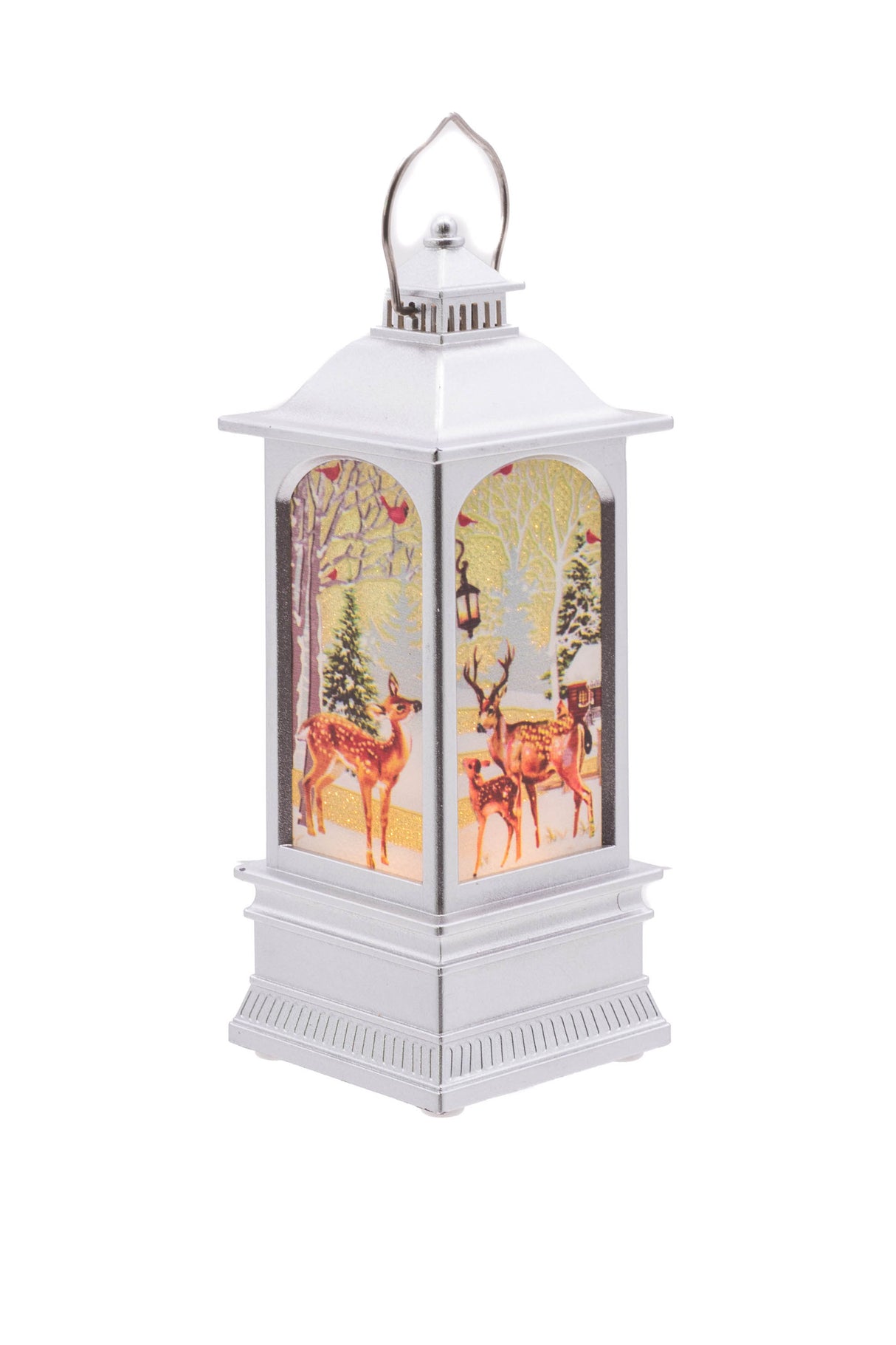 5.25" Small Silver Plastic Christmas Lantern LED Decoration with Reindeer