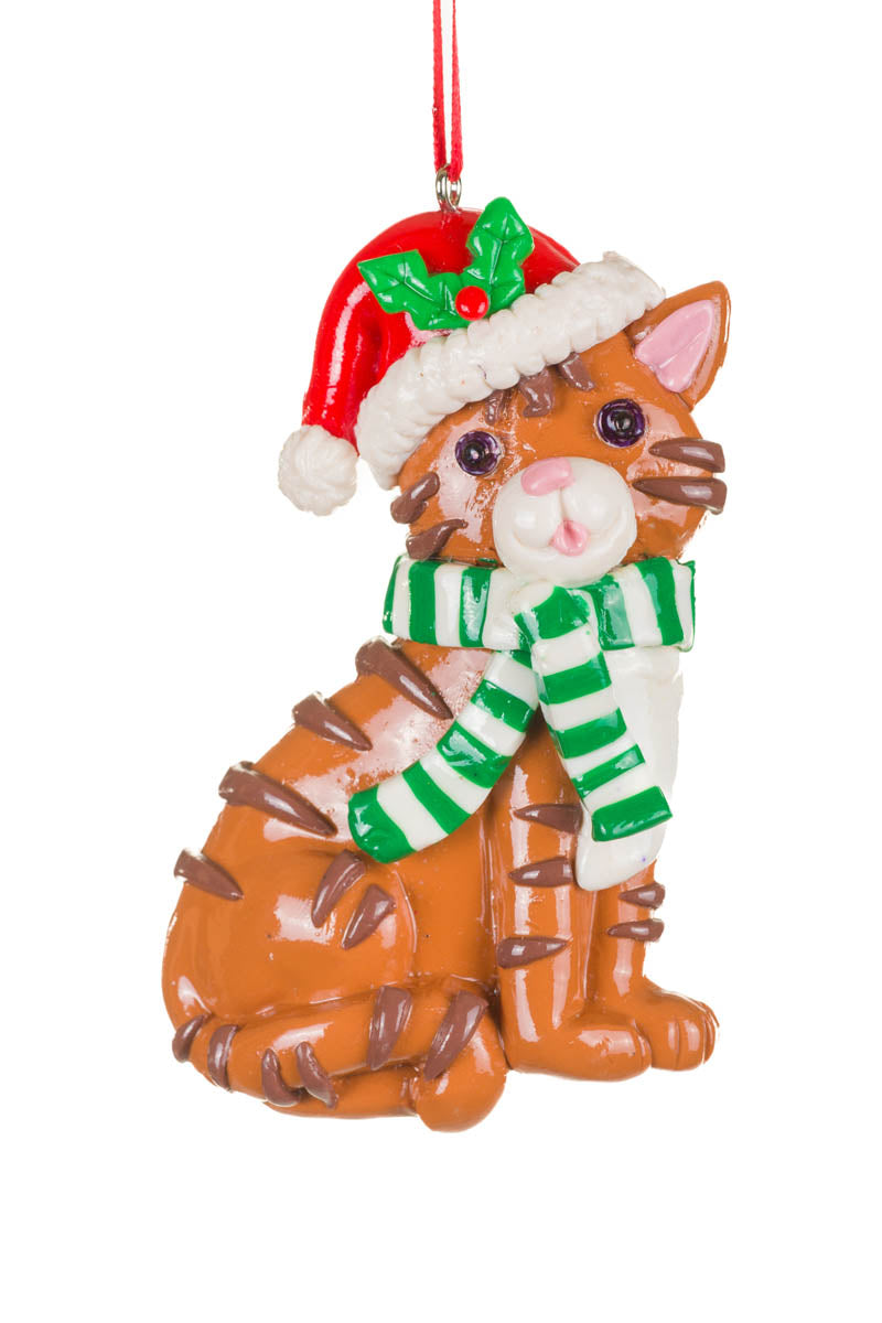 3.5" Orange and Brown Clay Christmas Tabby Cat Ornament