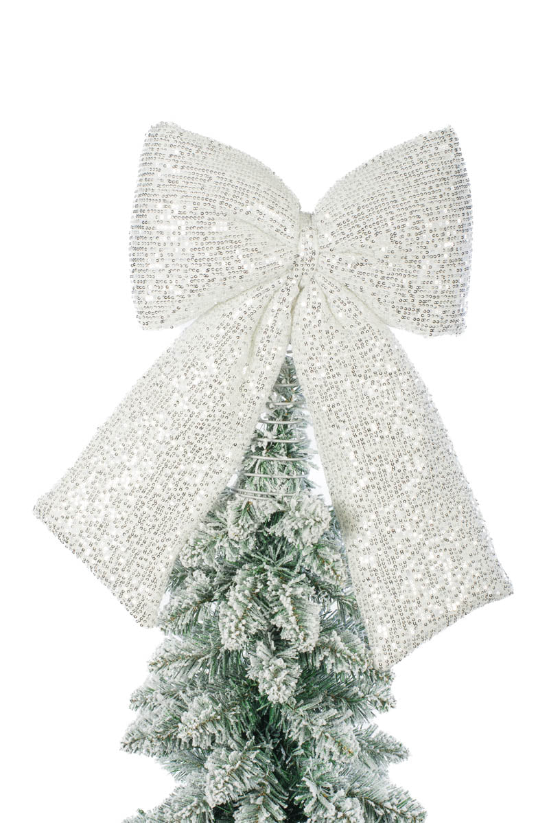 20" Sequin Silver and White Fabric Ribbon Tree Topper