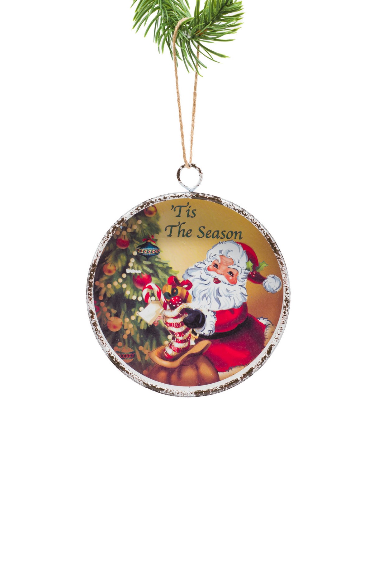 4.75" Hanging Yellow Iron Framed Ornament with Santa On The Job