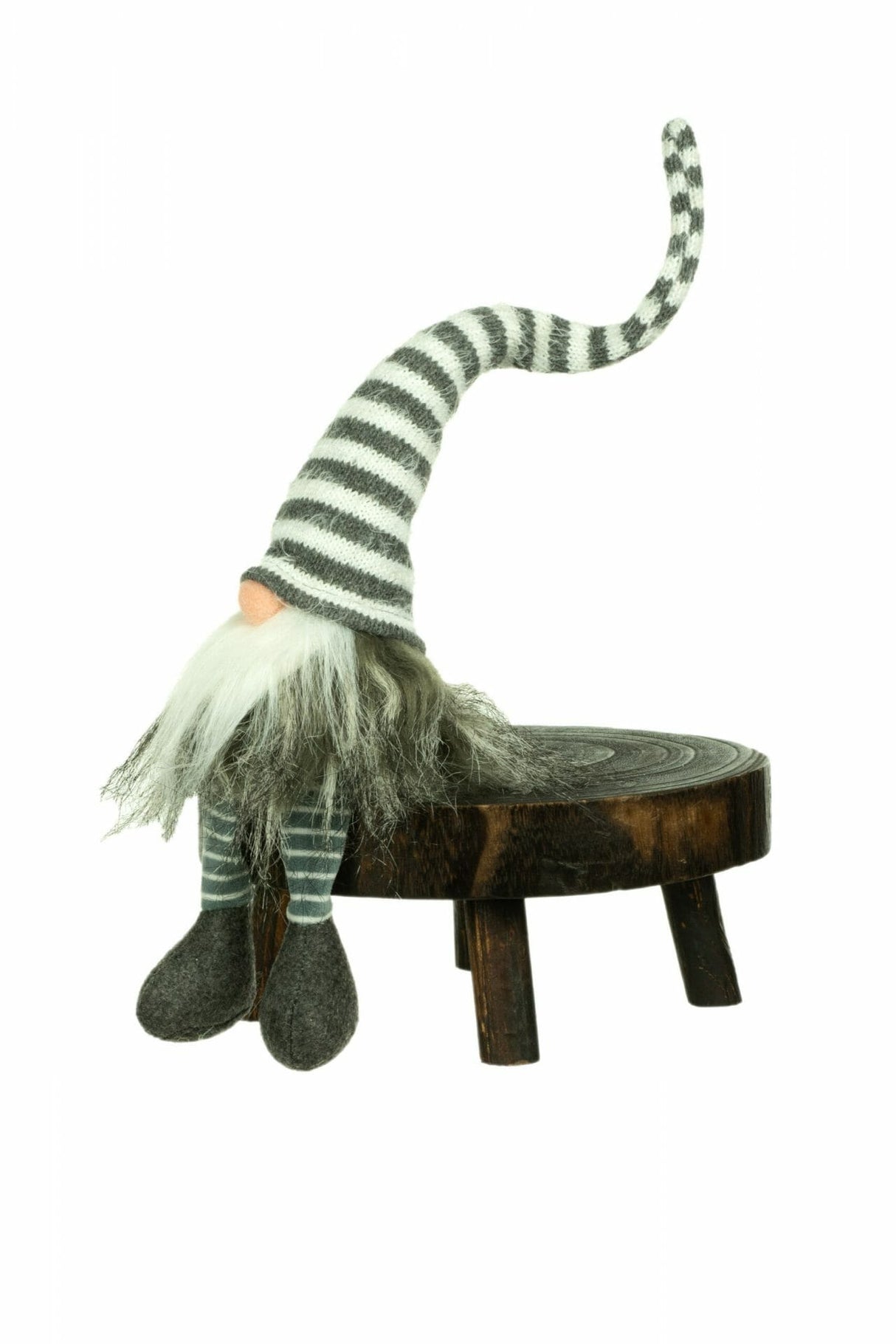 10" Sitting Gray and White Cloth Gnome with Striped Hat