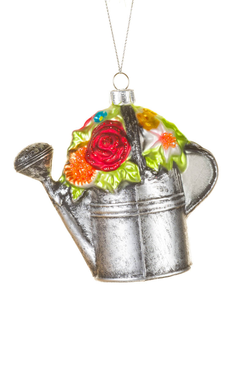 4" Hanging Silver Glass Watering Can Ornament with Flower Bouquet