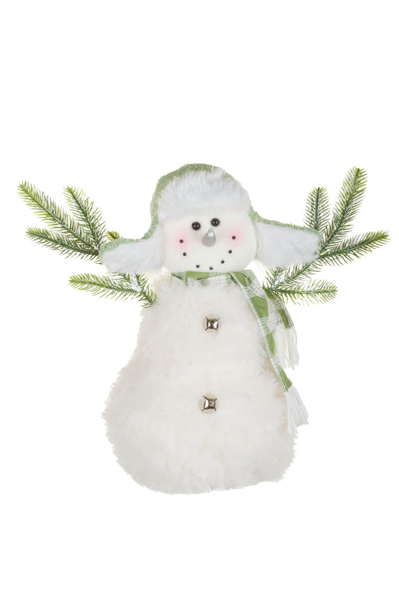 16" Fluffy White and Green Poly Snowman Figurine with Bells