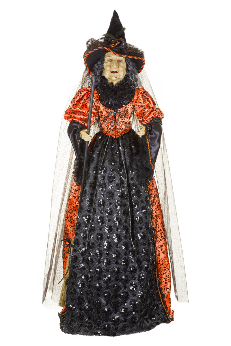 41" Orange and Black Fabric Veiled Witch Figure with Floral Vine Dress