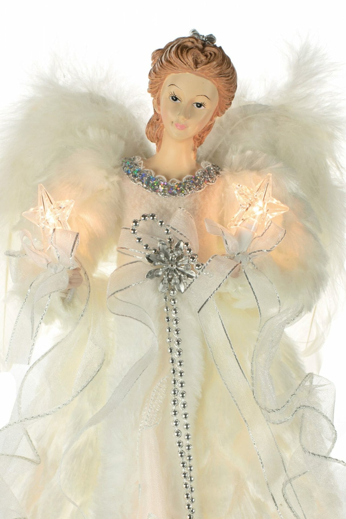 14" Ivory Cloth Modern 10-Light Angel Tree Topper with Fur Coat