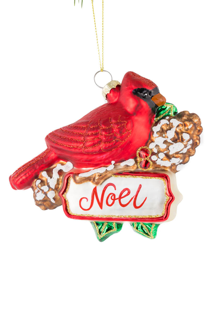 5"Hanging Red Glass Cardinal Ornament with "Noel"