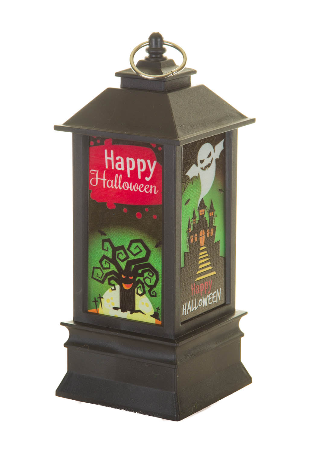 7.5" Hangable Black Plastic Spooky LED Lantern with Haunted House
