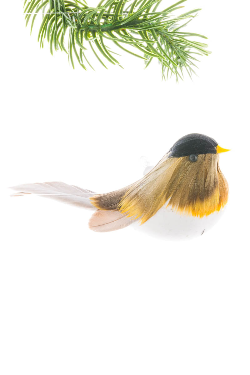 4" Brown and Yellow Feathered Little Bird Ornament with White Belly